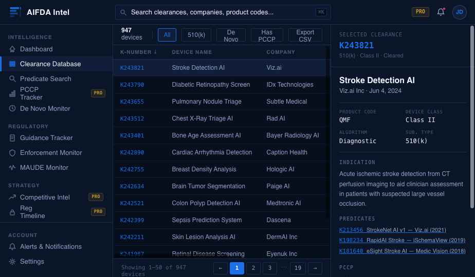 AI/ML Clearance Database screen
